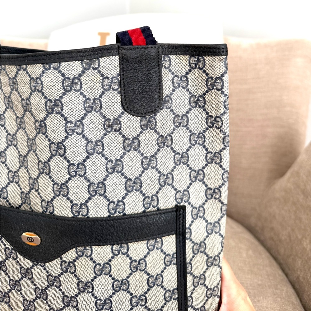 Gucci authentic navy grey monogram coated canvas tote bag ribbon handles - Picture 6 of 16